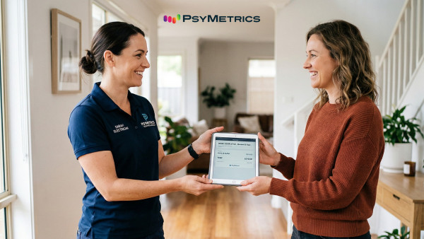 Skilled trades woman serving customer in home with tablet screen.